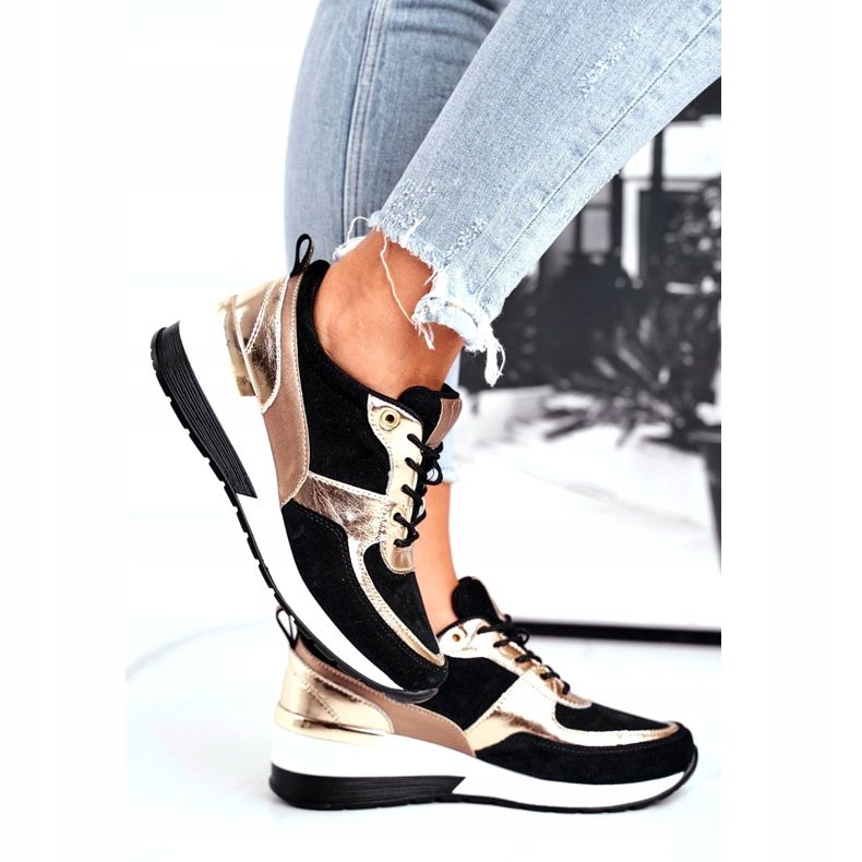 Vinceza Kvinnors sportskor läder svart och guld 21-7777 gyllene 2