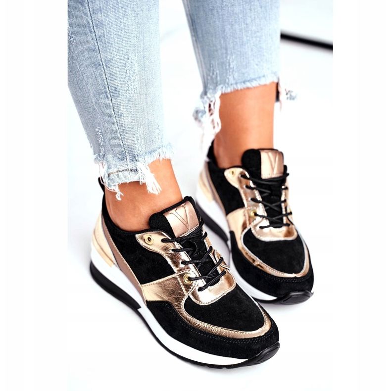 Vinceza Kvinnors sportskor läder svart och guld 21-7777 gyllene 4