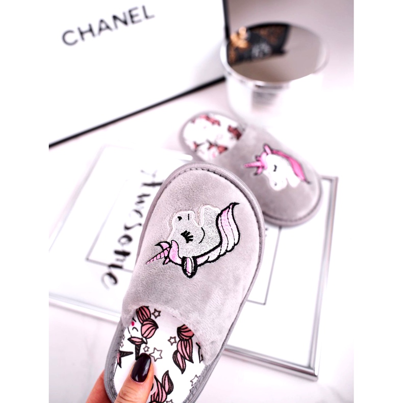 Barnens grå Unicorn tofflor med enhörning rosa silver- 2