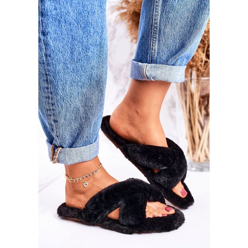 FRJ Kvinnors svarta päls tofflor Cozy Time 1