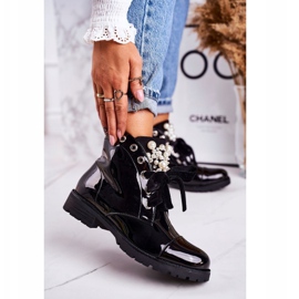 PS1 Varma damstövlar med pärlor och band, lackerade Perla svart 1