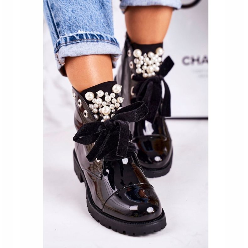 PS1 Varma damstövlar med pärlor och band, lackerade Perla svart 2