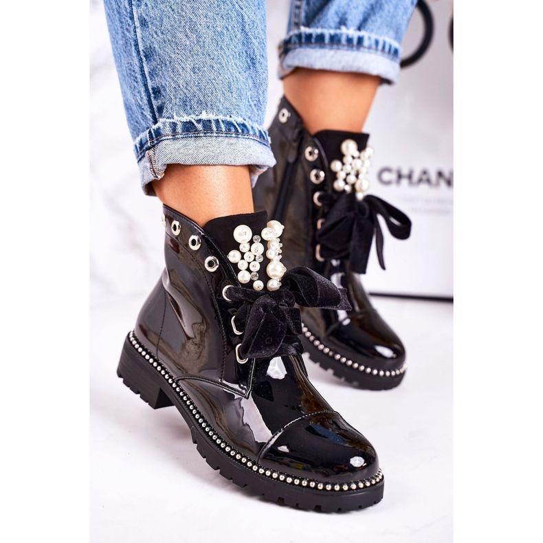 PS1 Kvinnors varma stövlar med pärlor, jets och band, lackerade Perla svart 1