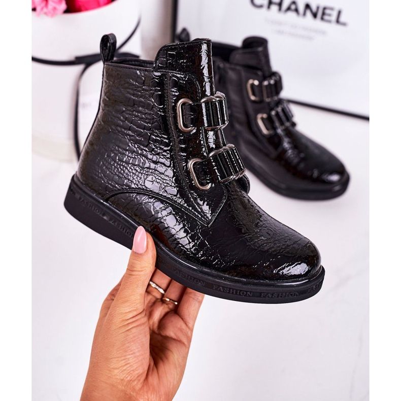 PL1 Barns varma stövlar Lackerade svarta djurmönster Maya 2