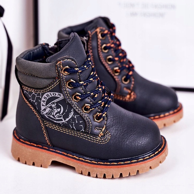 PL1 Barns varma stövlar Fångare på en gummisula Marinblå Bobby orange 1