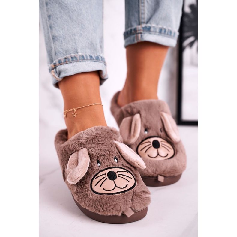 JOMIX Dam Beige pälsmöss Tofflor Home Sweet Home brun 1
