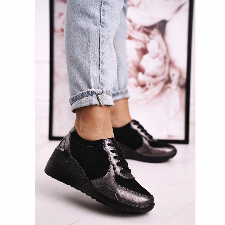 S.Barski Kvinnor Leather Wedge Sneakers Black Roxette svart 1