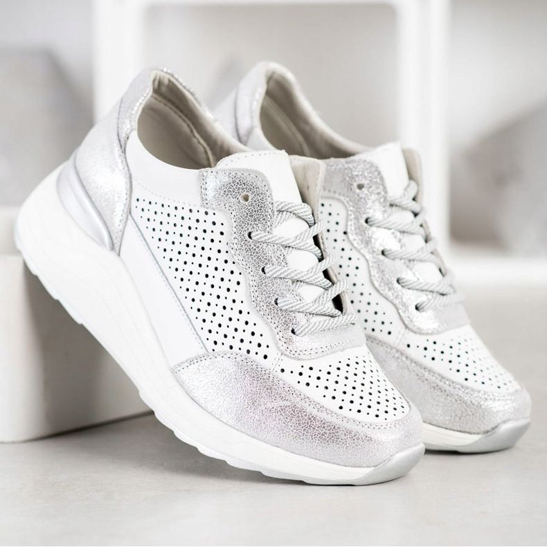 Goodin Snygga lädersneakers vit silver- 2