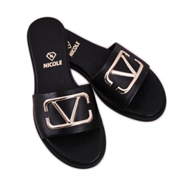 Nicole Dam klassiska läder tofflor svart Evie 1