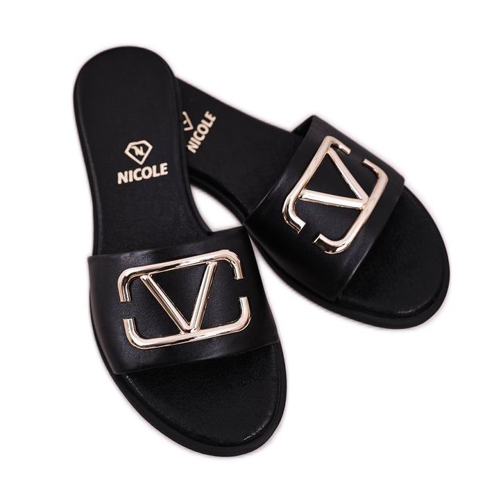 Nicole Dam klassiska läder tofflor svart Evie 1