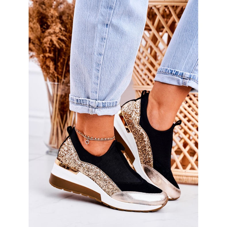 Nicole Kvinnors läder Wedge Sneakers Black Golden Frances svart 2
