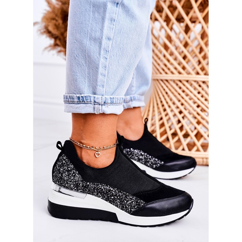 Nicole Kvinnor Läder Wedge Sneakers Svart Silver Frances 1