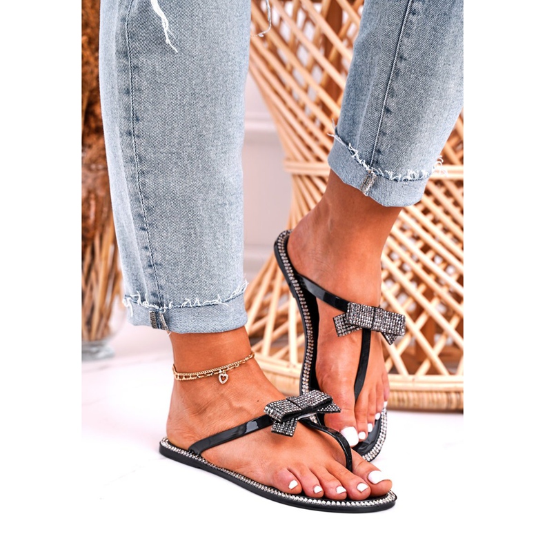 LU BOO Dam Tofflor i gummi Svart flip-flops Deross strass 1