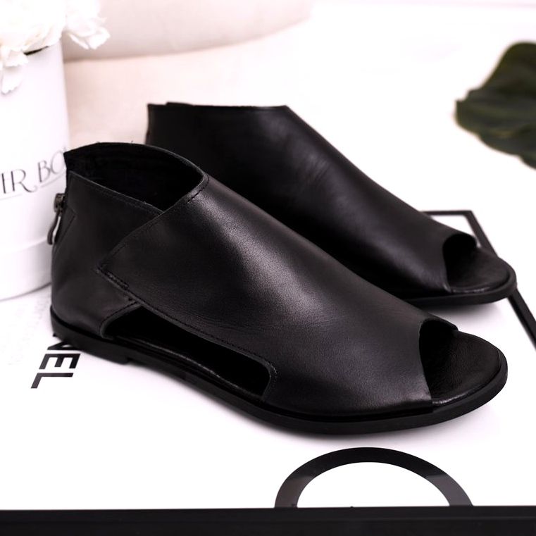 Nicole Kvinnors platta lädersandaler Svart Natalie 1