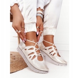 Kvinnors läderskor Maciejka Beige-Gold 04449-25 gyllene 2