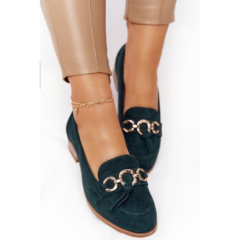 Eleganta damskor Loafers Vinceza 10585 mocka grön gyllene 2