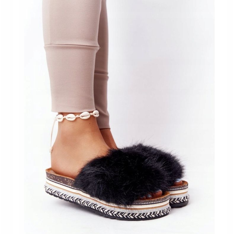 PS1 Svart äventyrsplattform tofflor med päls mångfärgad 1