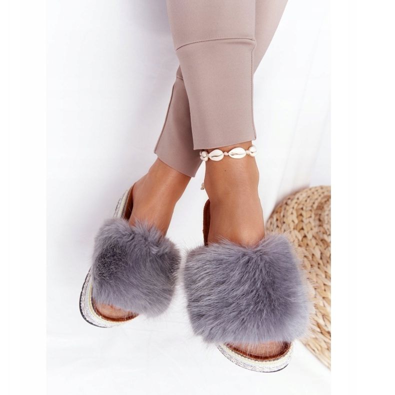 PS1 Grå äventyrsplattform tofflor med päls mångfärgad 2