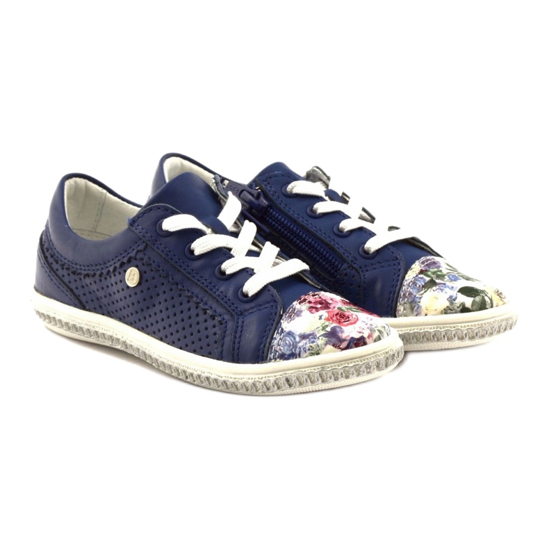 Girls 'Navy Blue Leather Shoes With Flowers 85524 Bartek blå 4