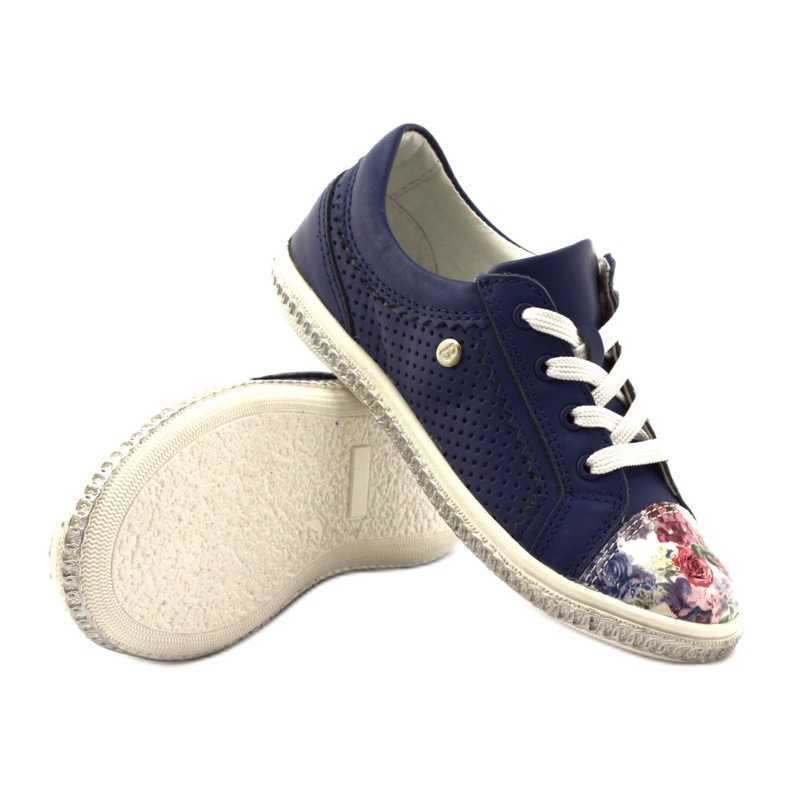 Girls 'Navy Blue Leather Shoes With Flowers 85524 Bartek blå 3