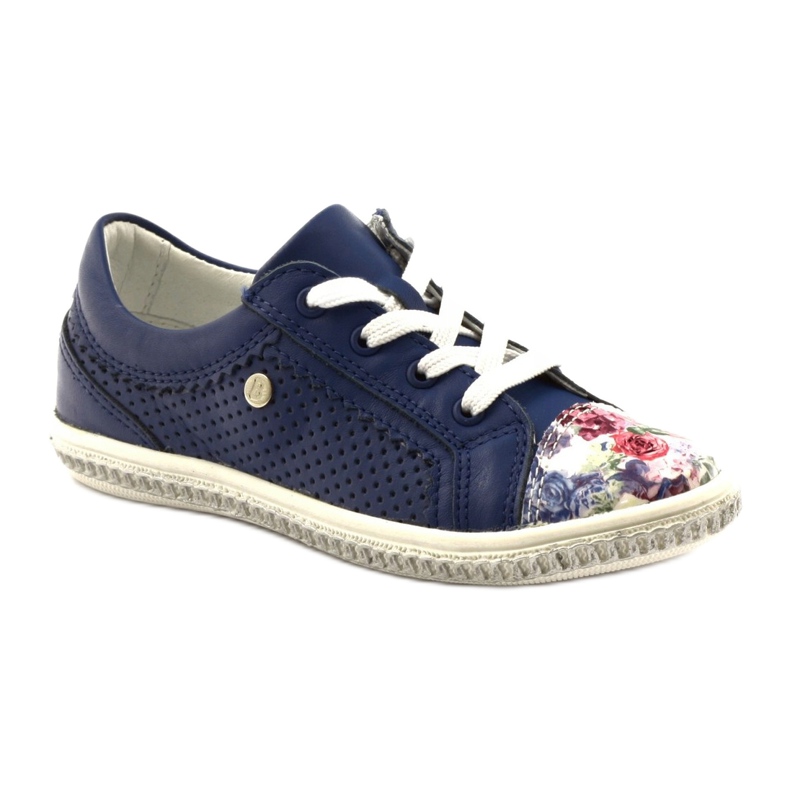 Girls 'Navy Blue Leather Shoes With Flowers 85524 Bartek blå 1