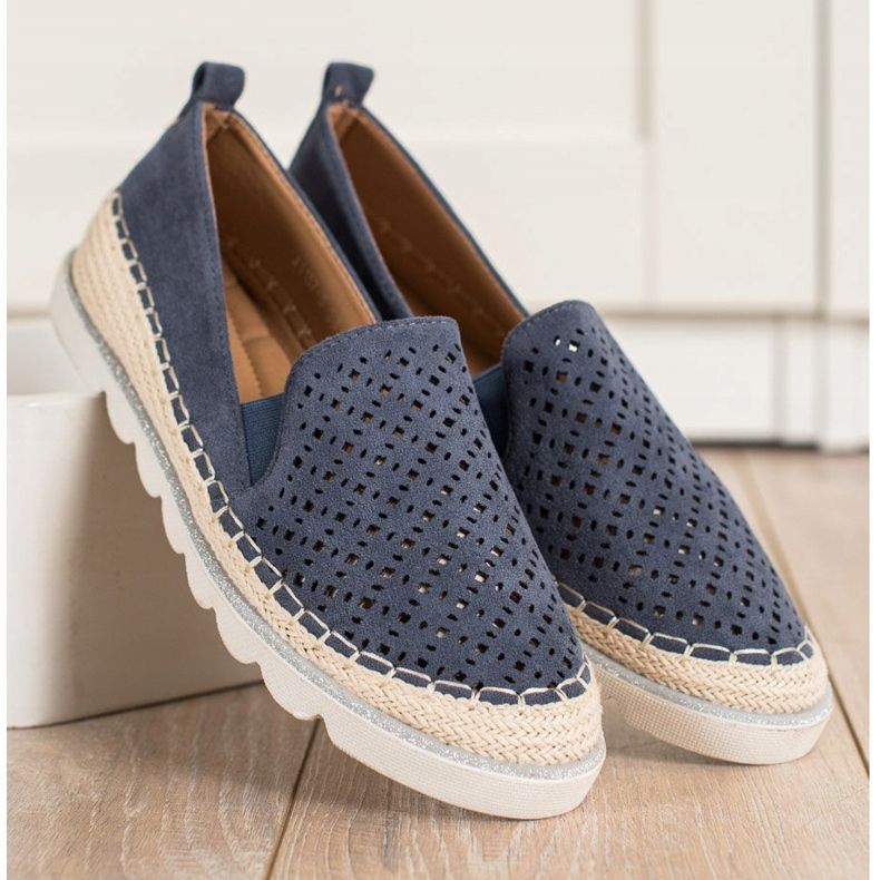 SHELOVET Openwork Slipony med mocka marinblå 2