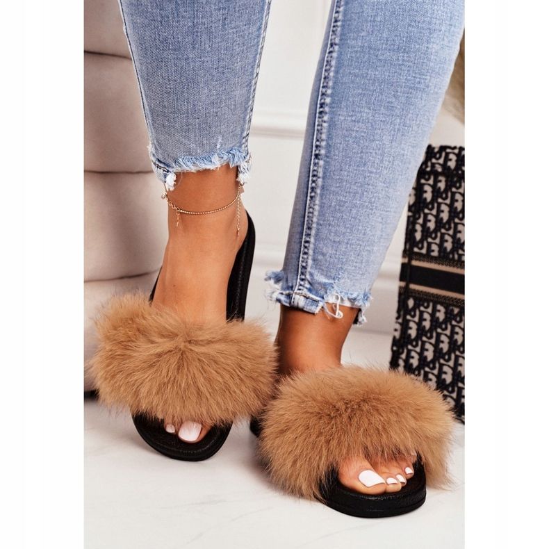 SEA Tofflor för kvinnor med pälskamel Belmondo brun svart 4