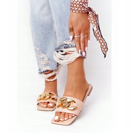 Läder tofflor med en kedja naken fransk kyss beige mångfärgad 1