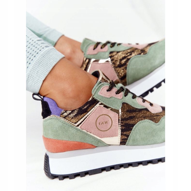Mockasportskor på GOE HH2N4002 grön-guldplattform beige brun rosa gyllene 1
