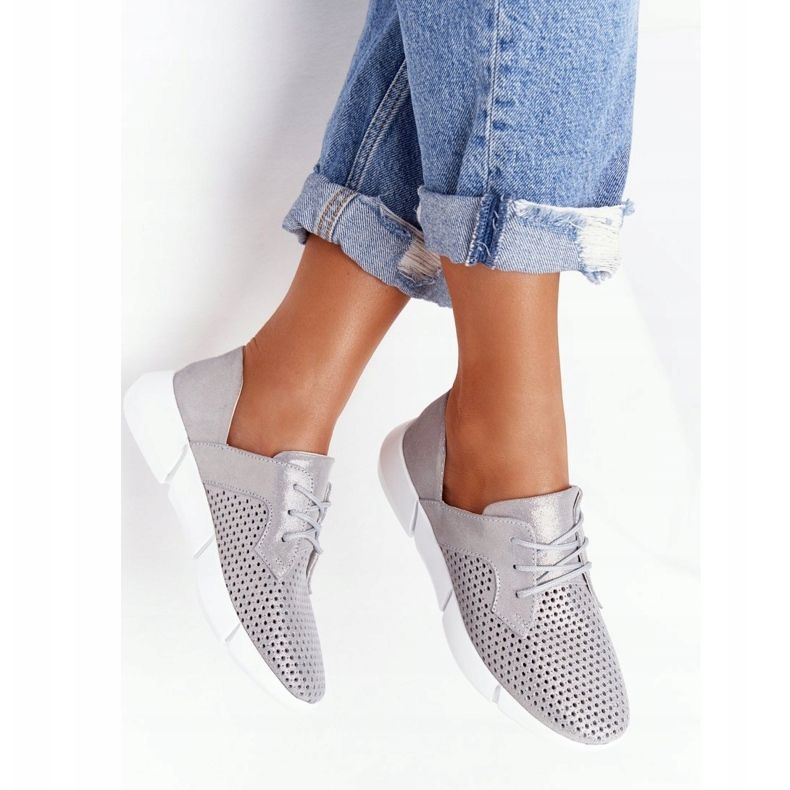EVE Kvinnors läder sportskor grå dagstur silver- 1
