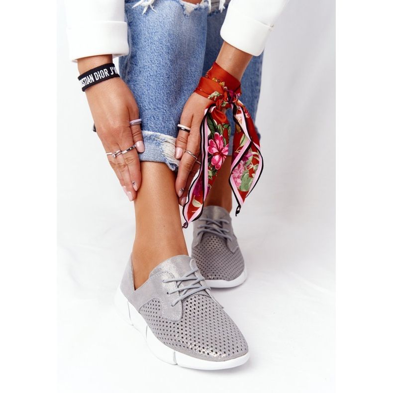 EVE Kvinnors läder sportskor grå dagstur silver- 2