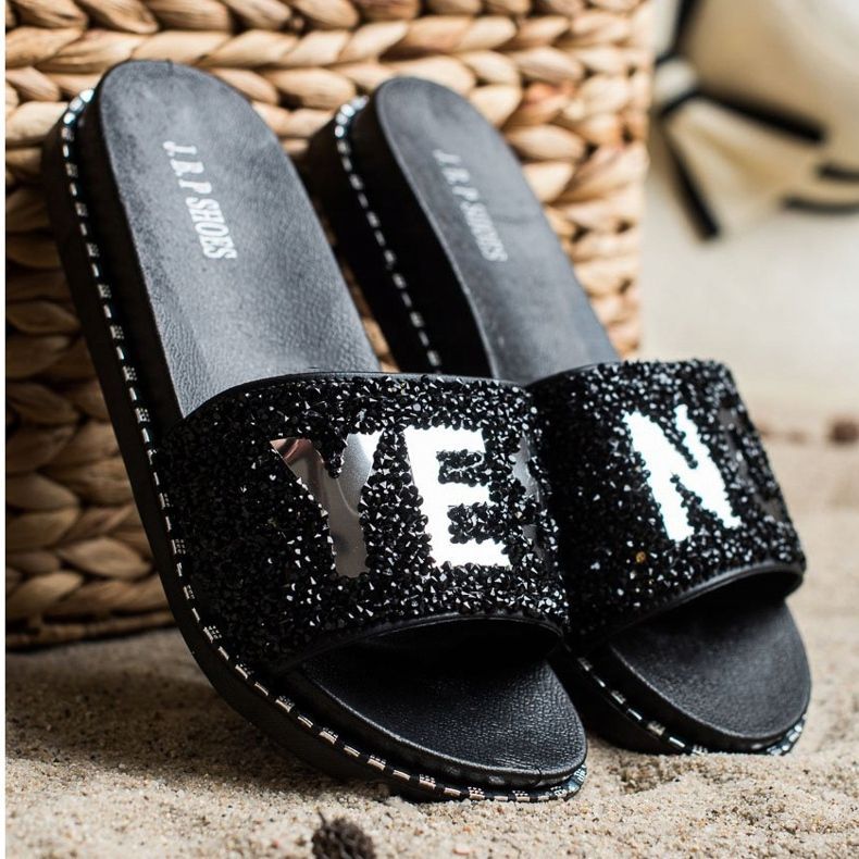 SHELOVET Trendiga tofflor med kristaller svart 1