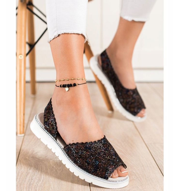 SHELOVET Bekväma lädersandaler svart mångfärgad 1