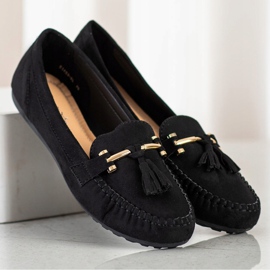 Queentina Trendiga loafers i mocka svart gyllene 1