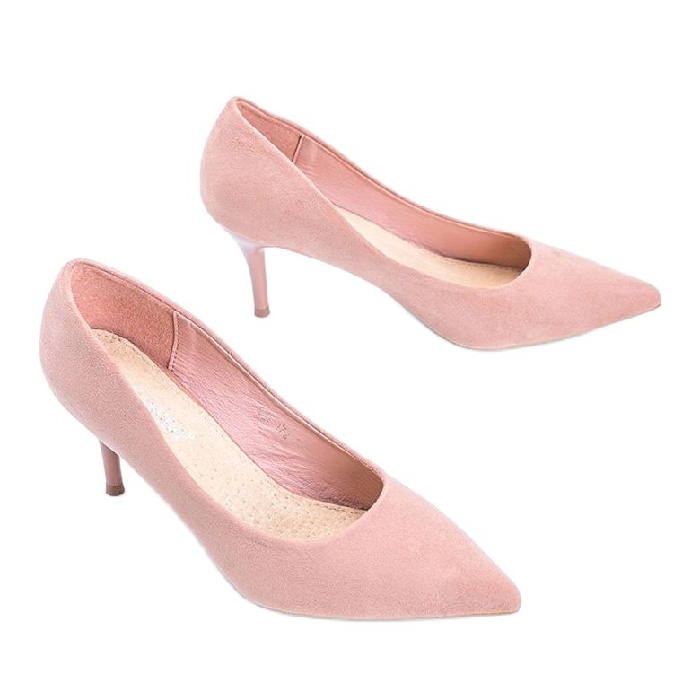 Rosa pumps på en stilettklack i ekologisk mocka Anissa 2