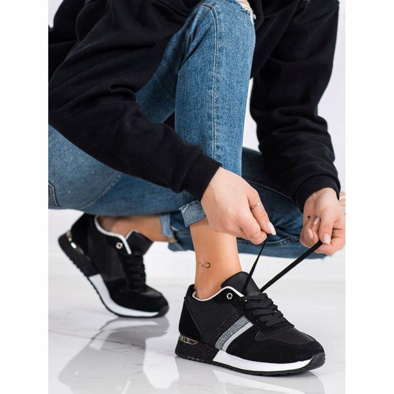 SHELOVET Svarta sneakers med glitterplattform silver- 1