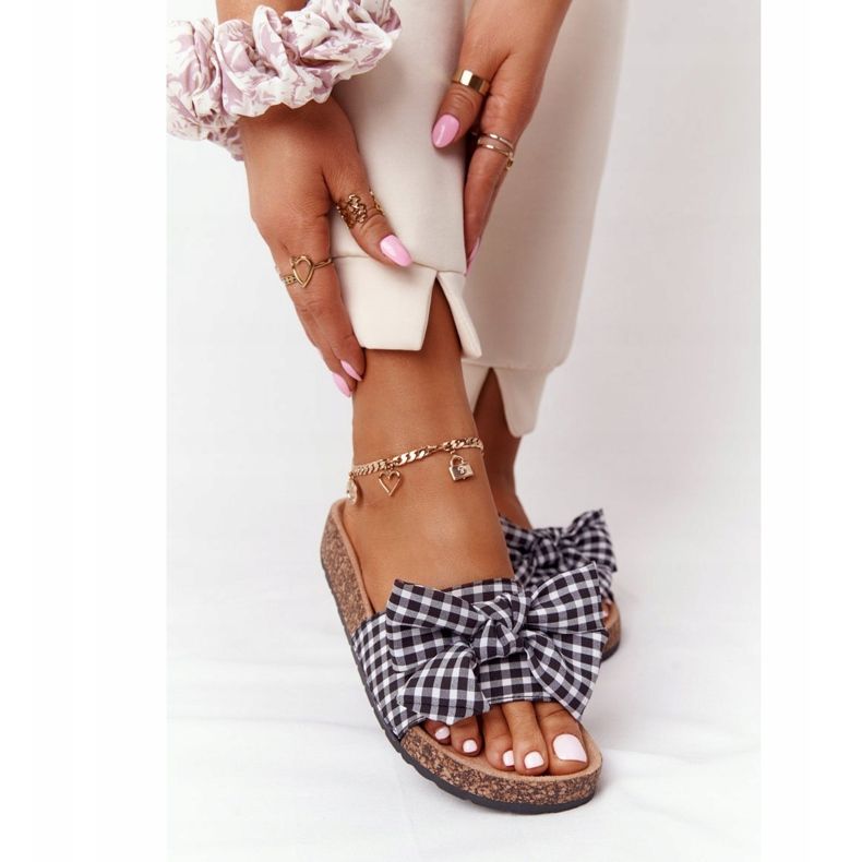 MSMG Tofflor På Kork Sula Med Amara Plaid Rosett vit svart 1