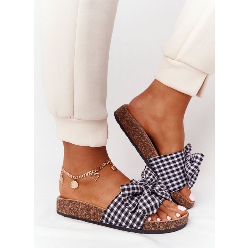 MSMG Tofflor På Kork Sula Med Amara Plaid Rosett vit svart 2
