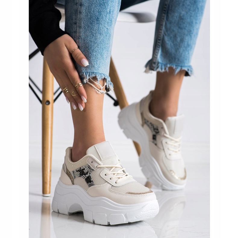 SHELOVET Snygga sneakers med glitter beige 1