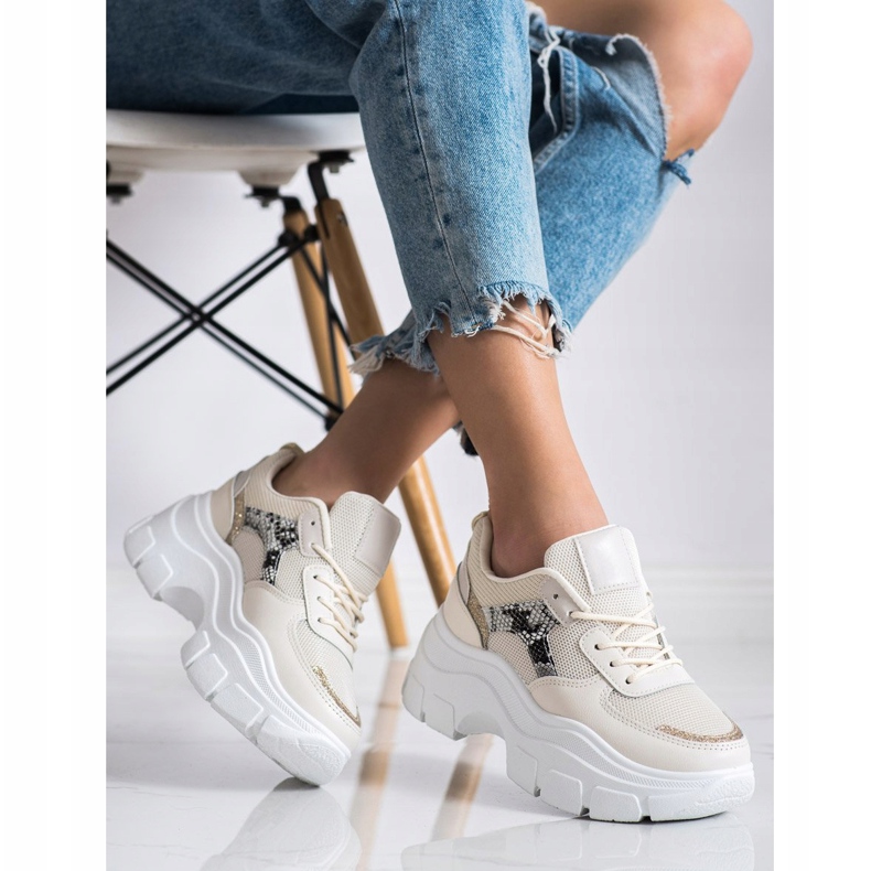 SHELOVET Snygga sneakers med glitter beige 2