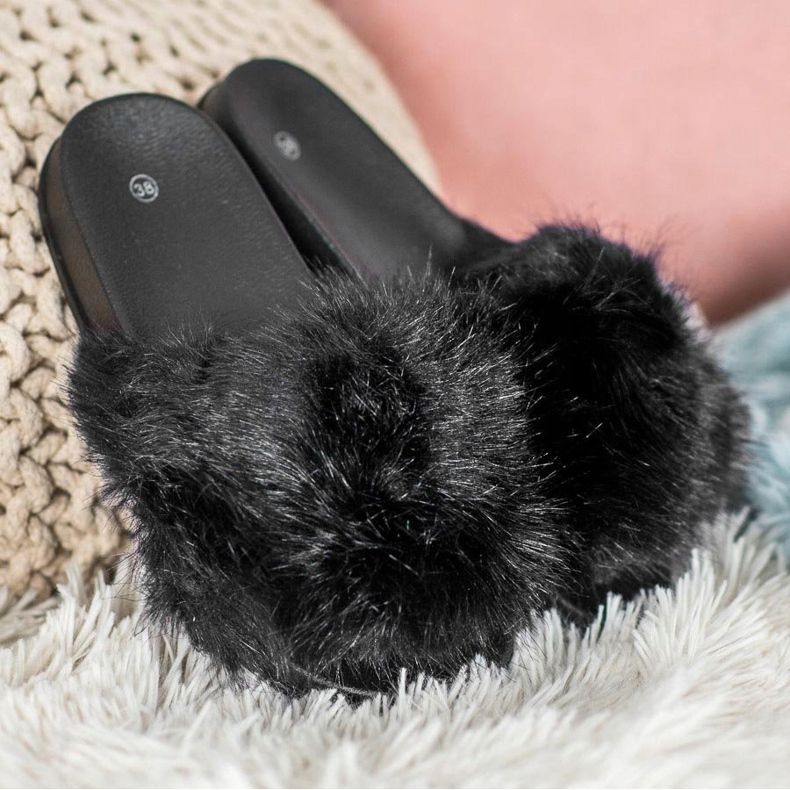 SHELOVET Bekväma päls tofflor svart 1