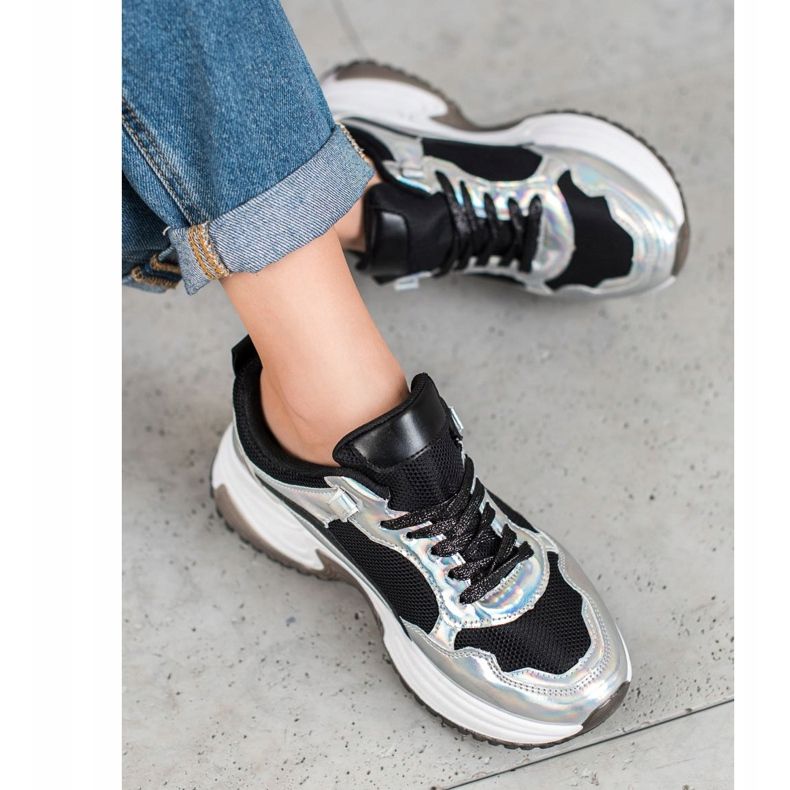 SHELOVET Mode sneakers med Holo -effekt svart silver- 1