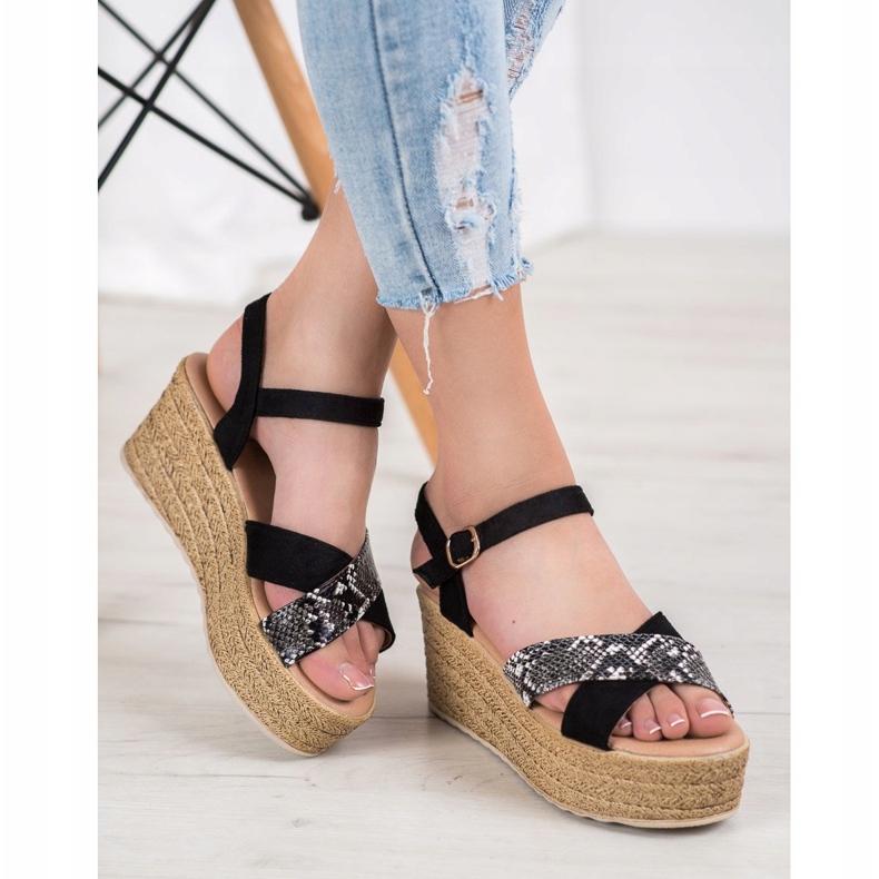 SHELOVET Wedge Sandals Ormtryck svart 2
