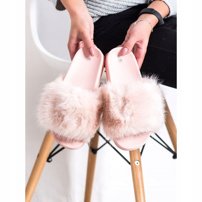 SHELOVET Bekväma päls tofflor rosa 1