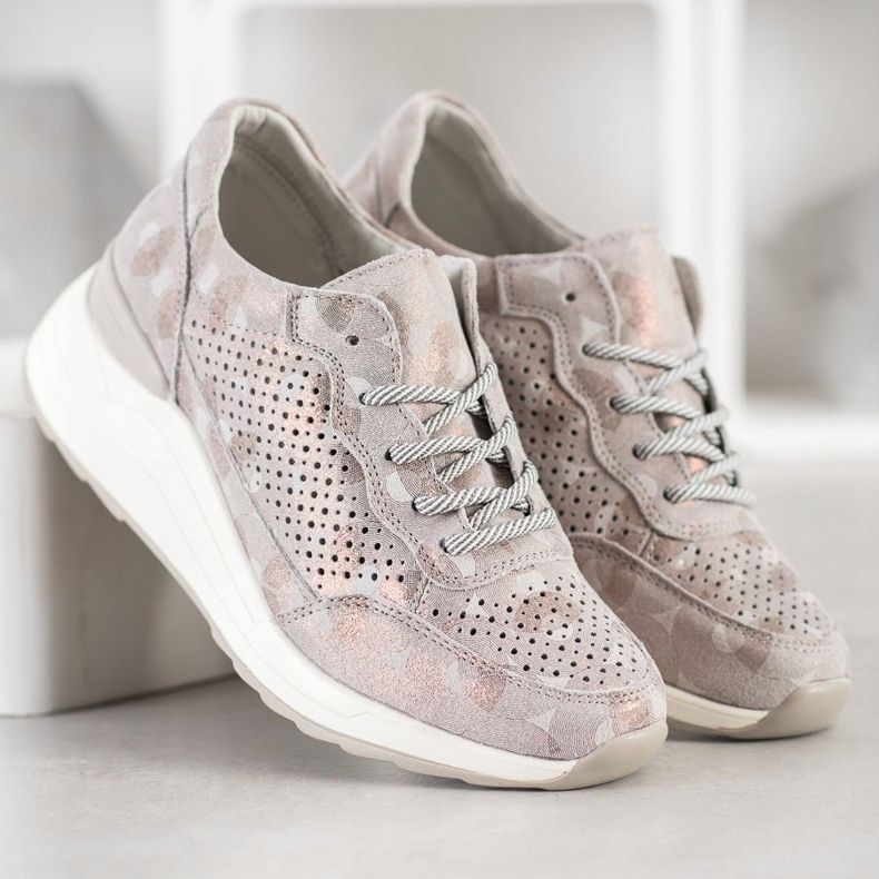 Goodin Snygga lädersneakers beige brun gyllene 2