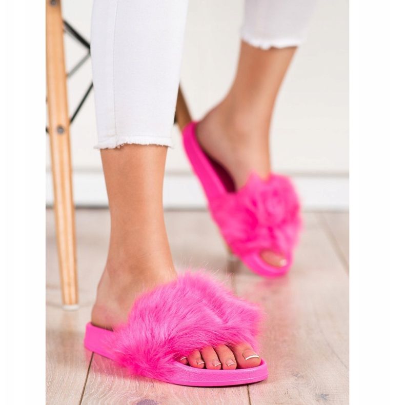 SHELOVET Gummi tofflor med päls rosa 2