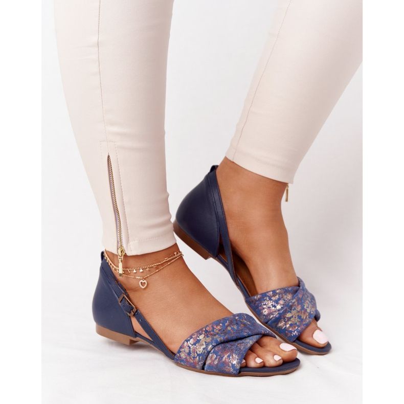 Lädersandaler med blommor Maciejka 04614-43 Marinblå gyllene 2