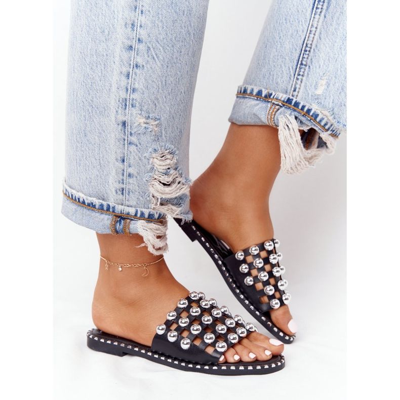 PS1 Openwork läder tofflor med strass svart Alana 2