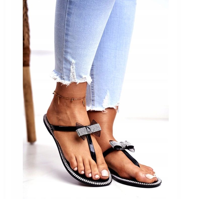 LU BOO Dam Tofflor i gummi Svart flip-flops Rhinestones Lou 1