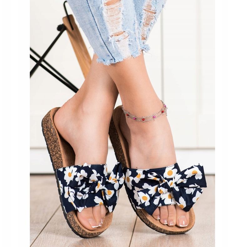 SHELOVET Trendiga tofflor med blommor marinblå 1